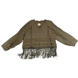 NON SENSE Olive Green Boho V Neck Long Sleeve Top (M)